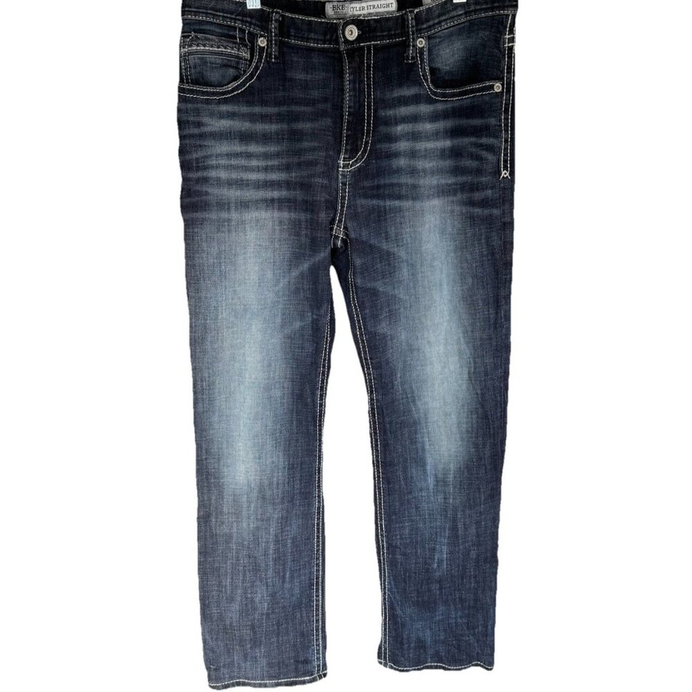 BKE Tyler Straight Leg Jeans Mens 34x29 Stretch Buckle Thick Stitch Whiskering - Picture 2 of 7